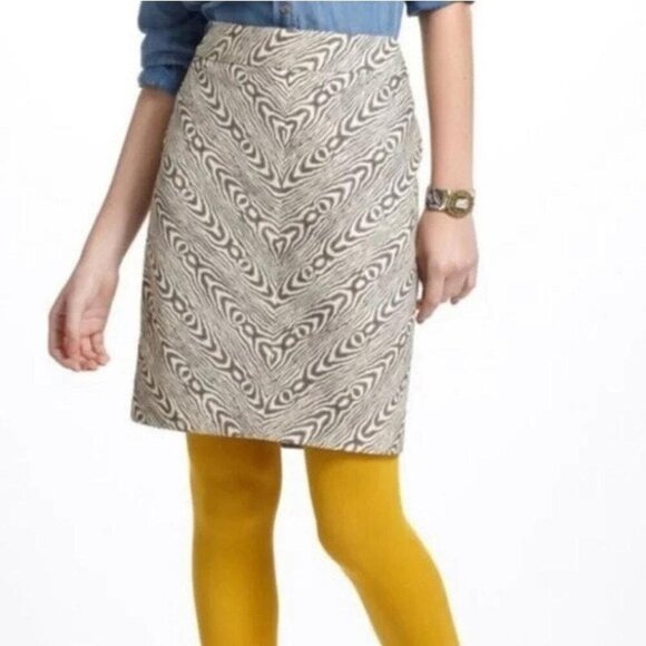 POSTMARK 9-H15 STCL Anthropologie Woodgrain Print Pencil Skirt Size 2 Cream Yell - Picture 2 of 6